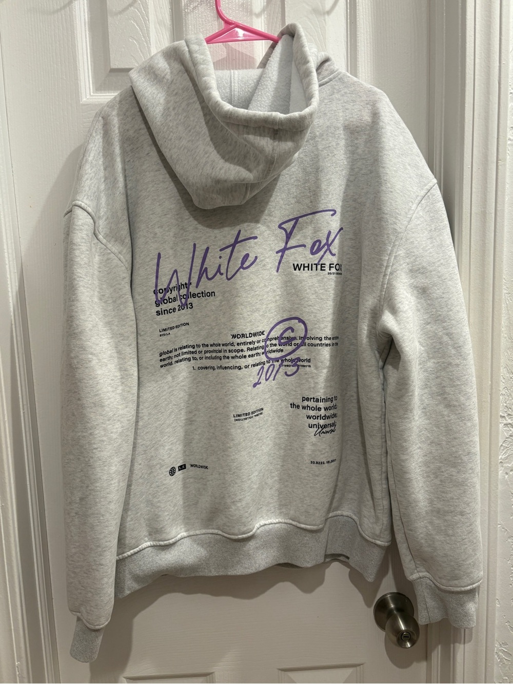 White Fox Light Gray Graphic Hoodie with Purple Script 🫧